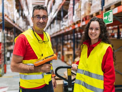 Portrait of logistics workers using barcode scanner and pallet jack, managing inventory in large distribution warehouse